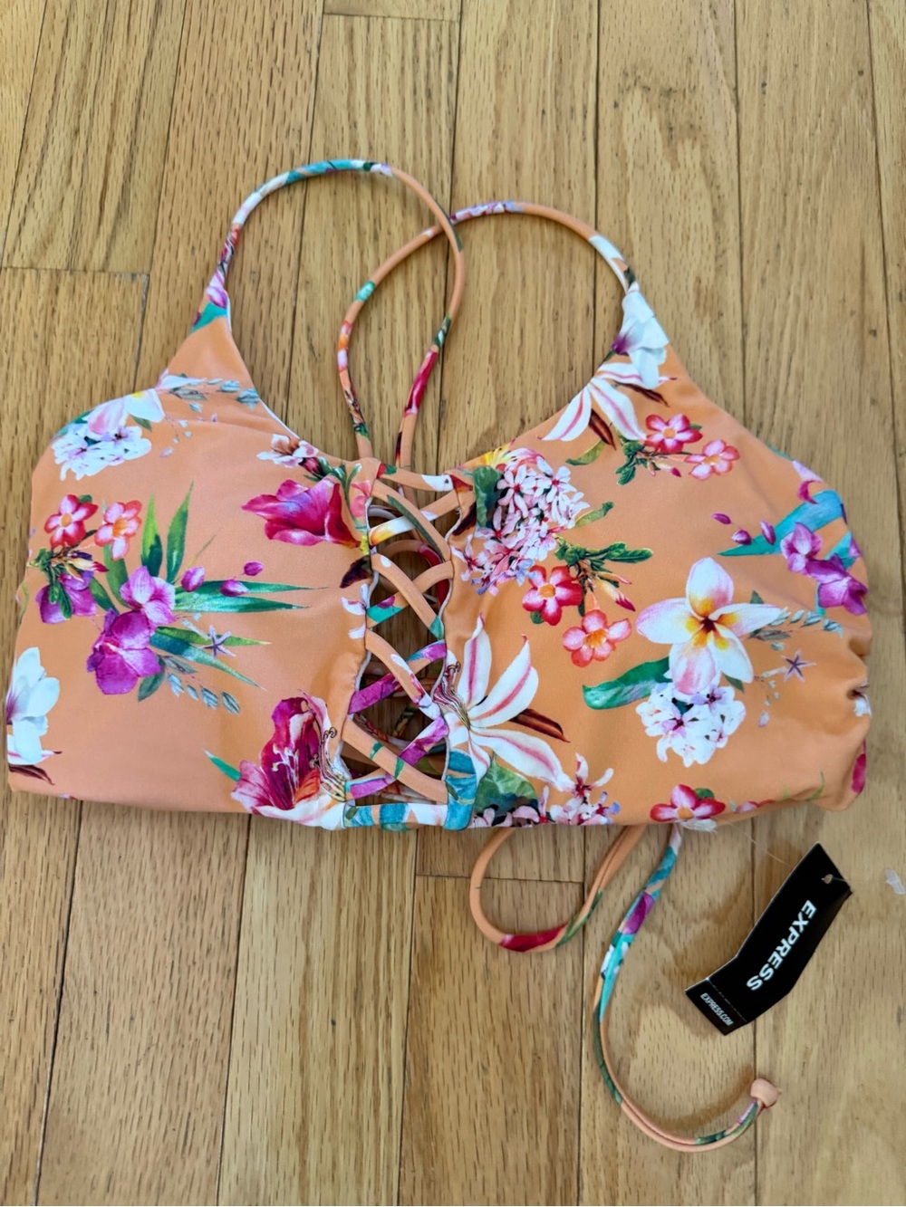Express Peach Floral Lace-Up Bikini Top
